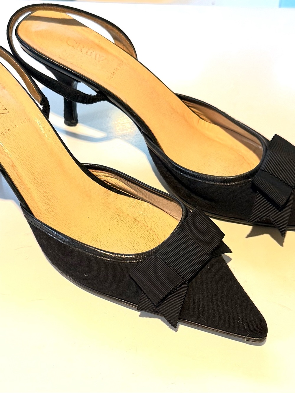 J. Crew Black Pointed-Toe Slingback Heels with Bow Accent